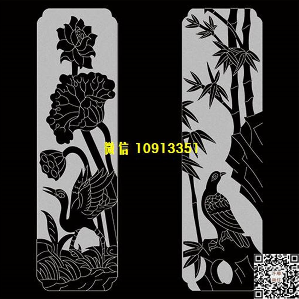 2精雕图167竹子鸟荷花鹤墓碑板精雕图线雕图线条图单线铣底图_电脑雕刻plt文泰矢量图精雕图浮雕图